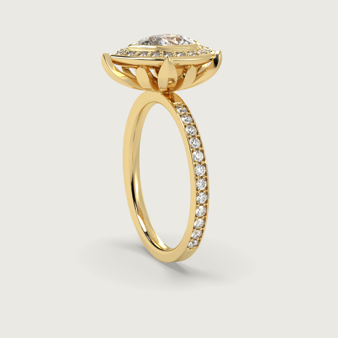Pear Shape Diamond Halo Engagement Ring with Pavé Set Band in Fleur de Luce Setting