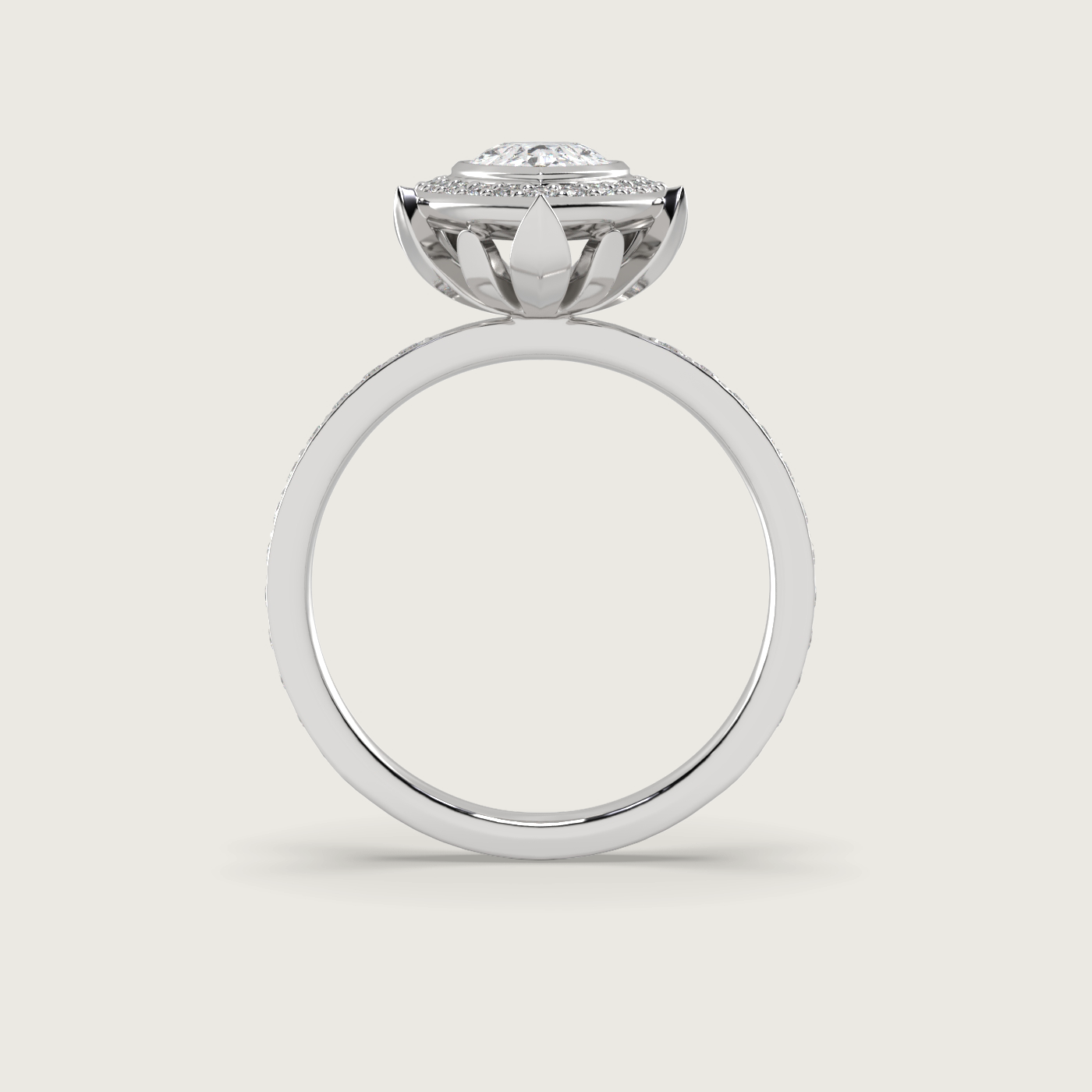 Pear Shape Diamond Halo Engagement Ring with Pavé Set Band in Fleur de Luce Setting