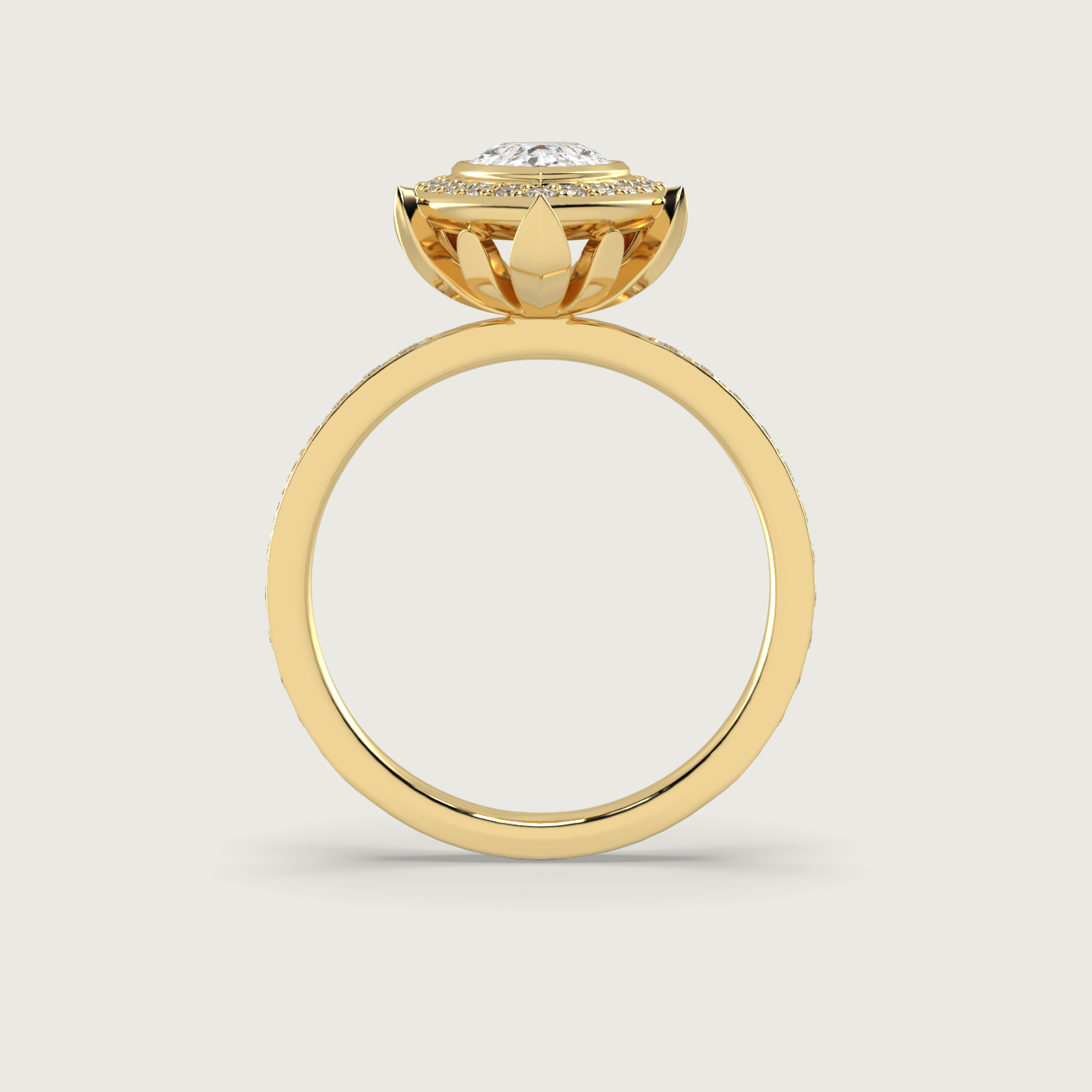 Pear Shape Diamond Halo Engagement Ring with Pavé Set Band in Fleur de Luce Setting