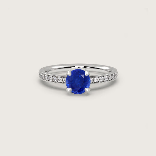 Round Sapphire Fleur de Luce Solitaire Engagement Ring in 18k White Gold