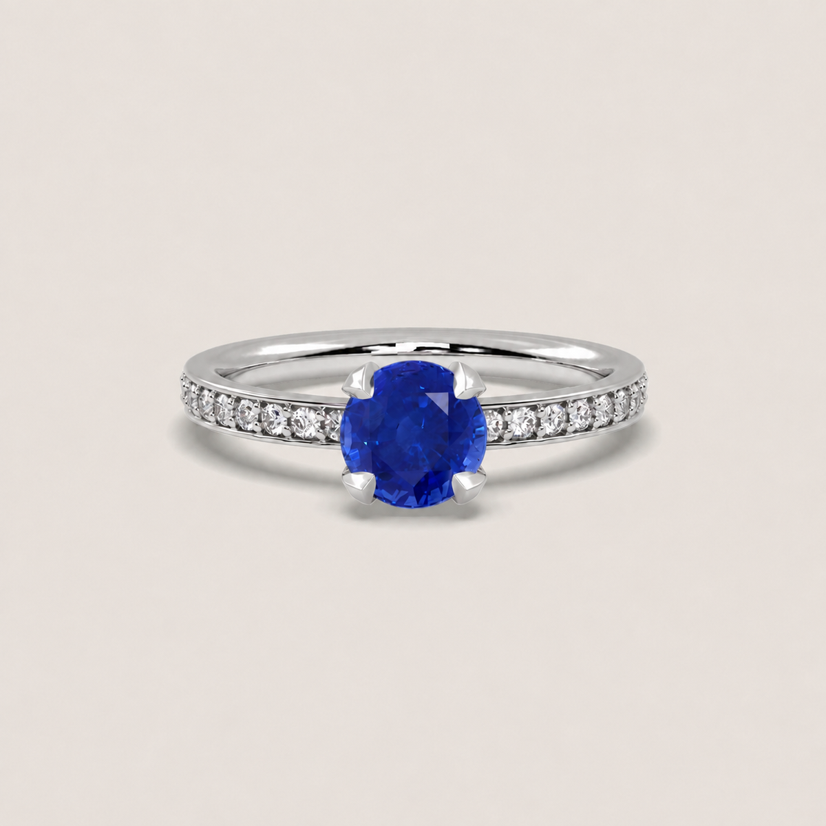 Round Sapphire Fleur de Luce Solitaire Engagement Ring in 18k White Gold