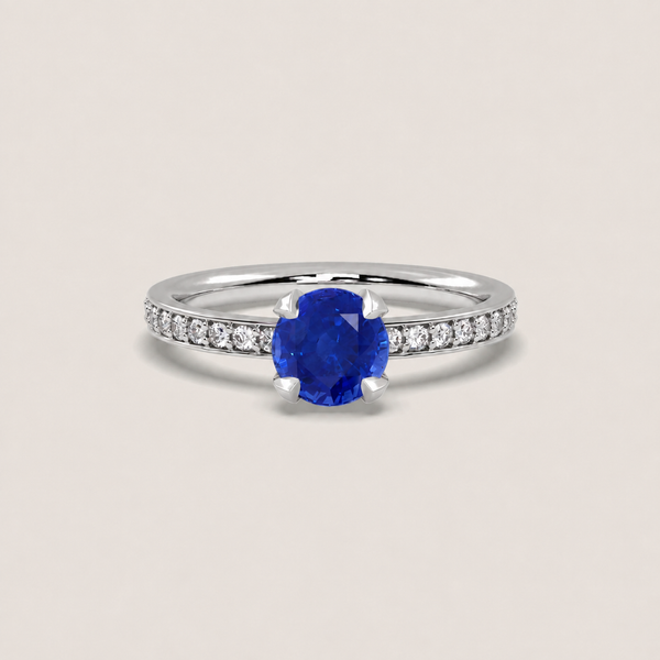 Round Sapphire Fleur de Luce Solitaire Engagement Ring in 18k White Gold