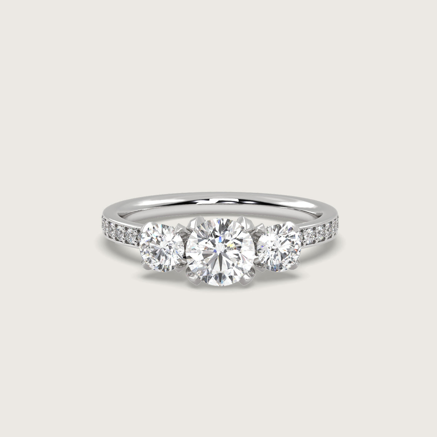 Diamond Trilogy Engagement Ring with Pavé Band in Fleur de Luce Setting