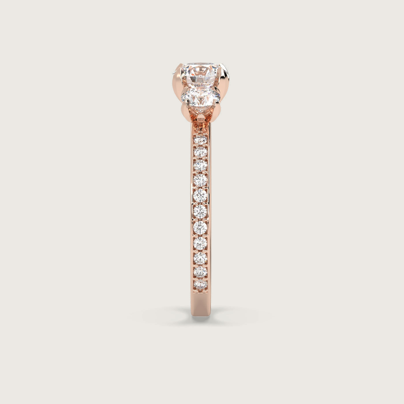 Diamond Trilogy Engagement Ring with Pavé Band in Fleur de Luce Setting