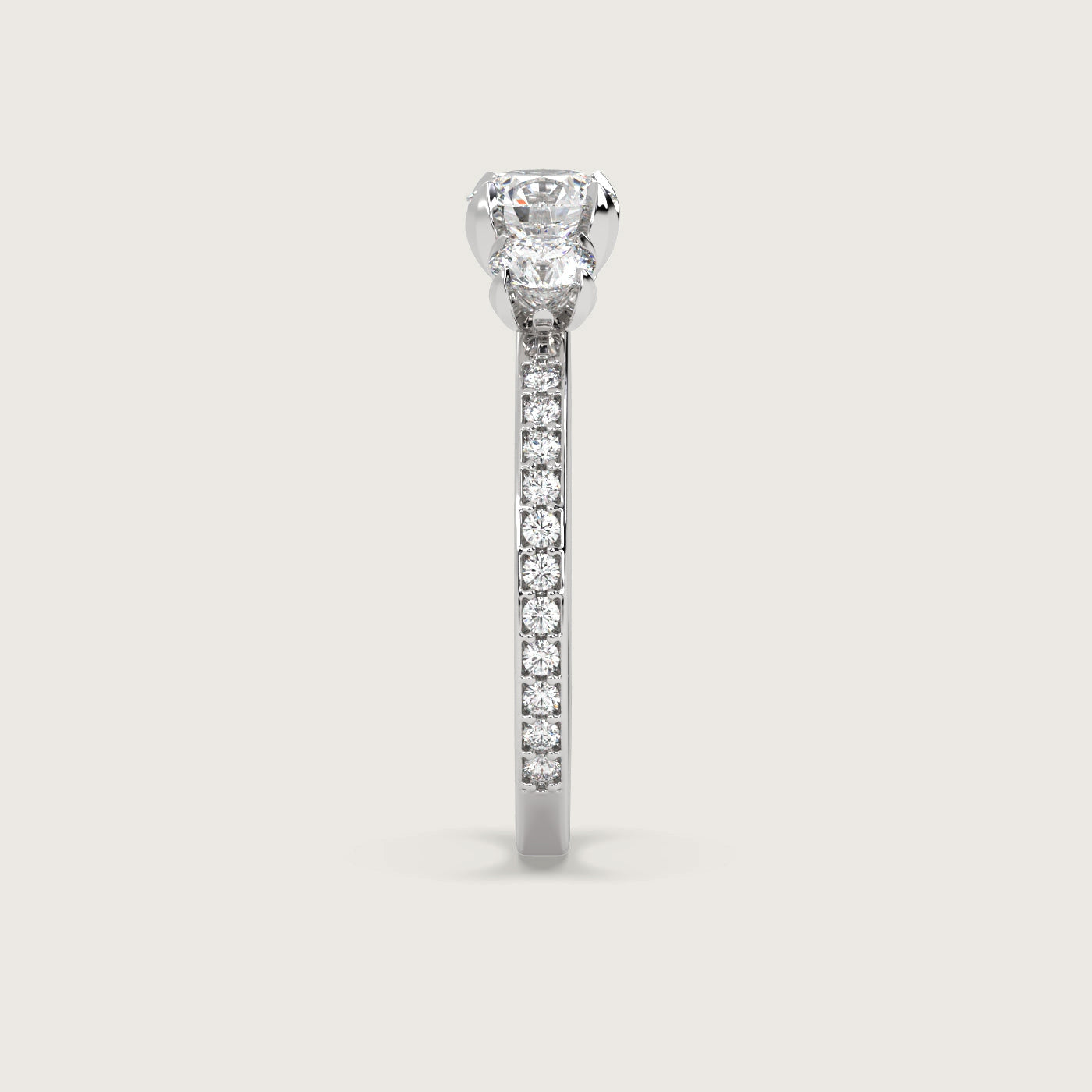 Diamond Trilogy Engagement Ring with Pavé Band in Fleur de Luce Setting