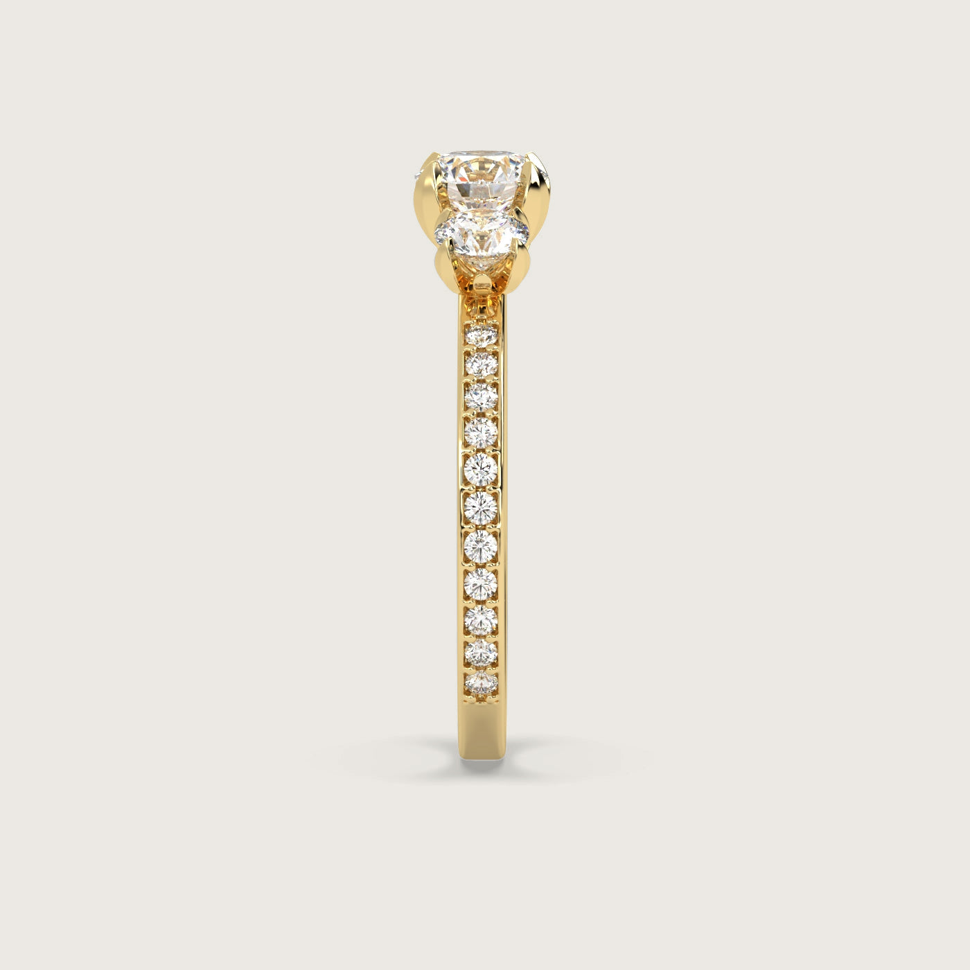 Diamond Trilogy Engagement Ring with Pavé Band in Fleur de Luce Setting