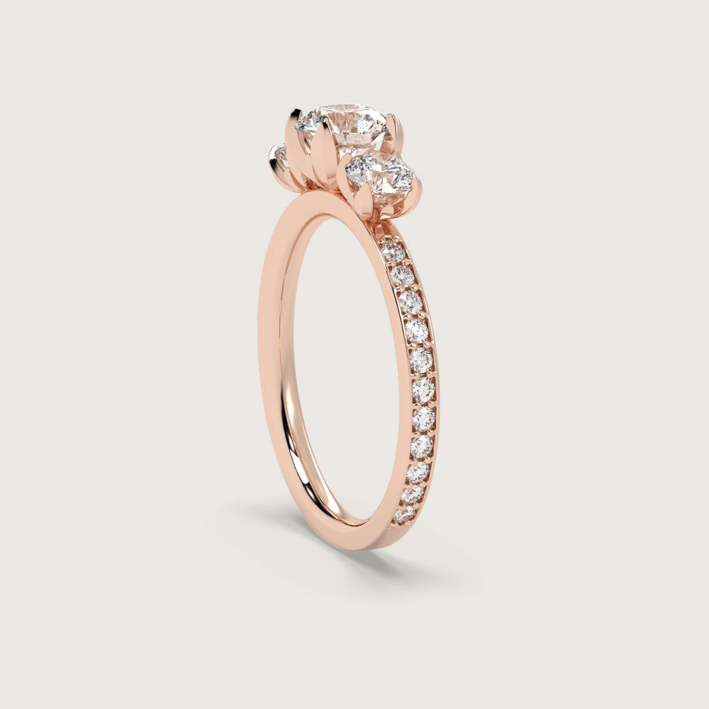 Diamond Trilogy Engagement Ring with Pavé Band in Fleur de Luce Setting