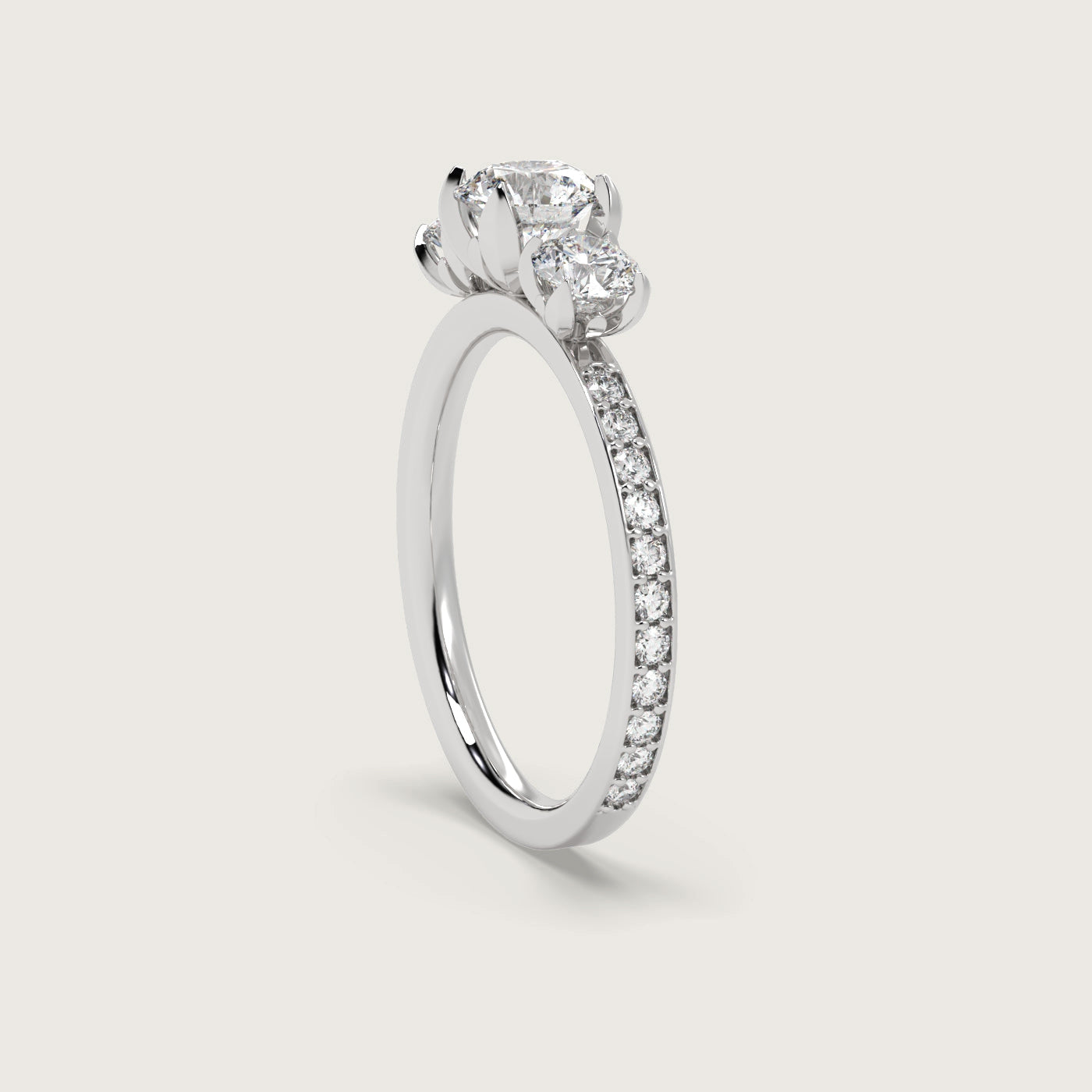 Diamond Trilogy Engagement Ring with Pavé Band in Fleur de Luce Setting