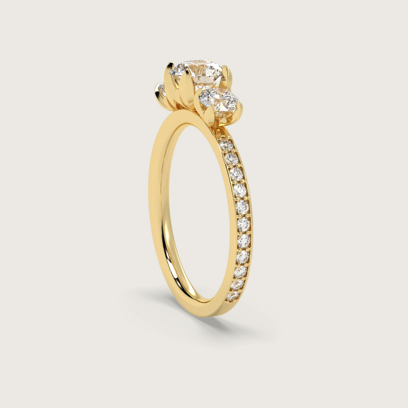 Diamond Trilogy Engagement Ring with Pavé Band in Fleur de Luce Setting