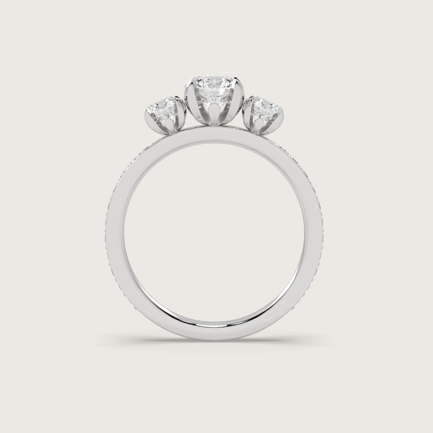 Diamond Trilogy Engagement Ring with Pavé Band in Fleur de Luce Setting