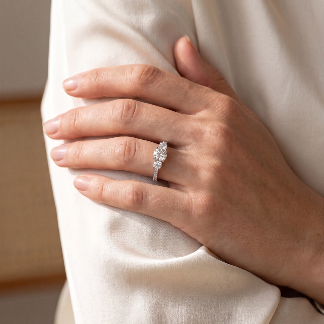Diamond Trilogy Engagement Ring with Pavé Band
