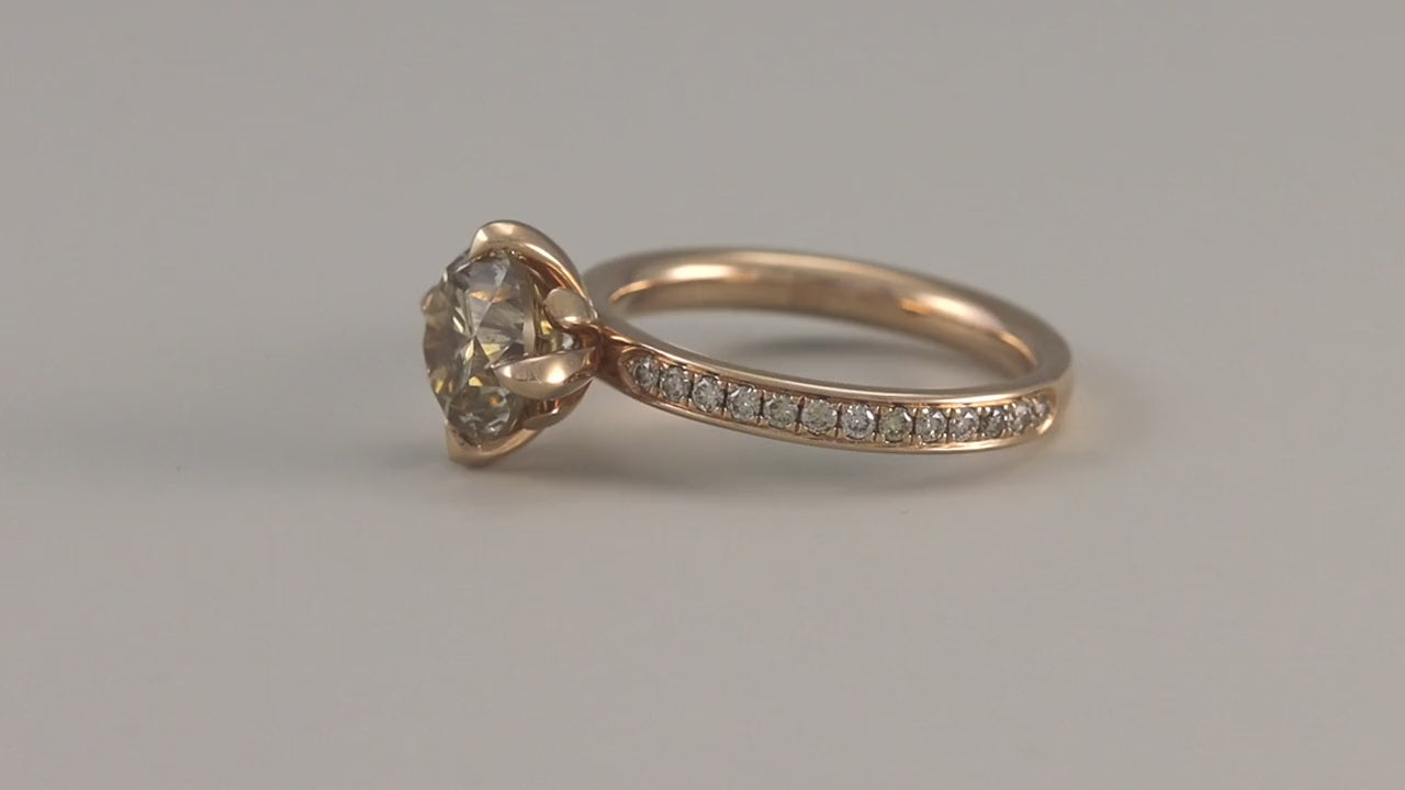 Load video: Fleur de Luce Round Brown Diamond Solitaire Ring with Pavé Band in 18k Rose Gold